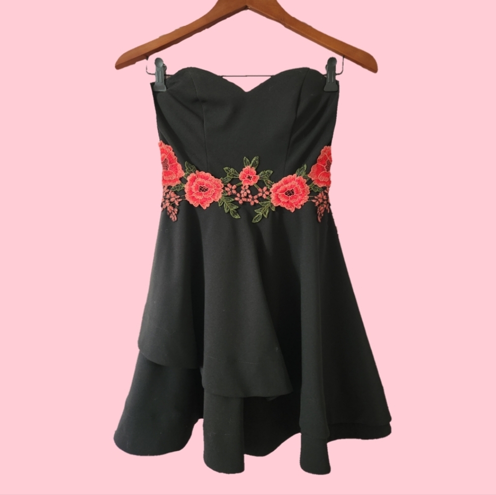 B Darlin mini cocktail dress with embroidered roses